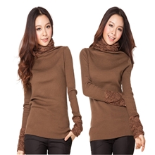 2013秋冬新款秋冬装中长款毛衣高领女装6836淑女蕾丝堆堆领打底衫