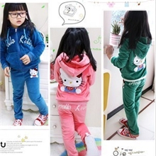 韩版imsweet贴布绣hellokitty猫卡通女童儿童天鹅绒连帽休闲套装