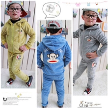 韩版童装批发卡通儿童男童天鹅绒连帽休闲套装2件套装