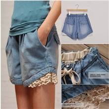 厂家直销夏装高腰复古宽松大码女装蕾丝花边显瘦牛仔短裤牛仔裤女
