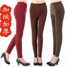冬季大码女裤秋冬保暖裤加绒加厚格子九分裤打底裤铅笔裤批发