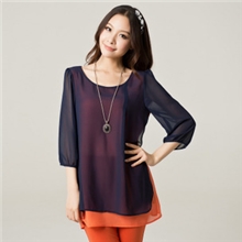 热销新款加大码胖mm女装宽松简约优雅假两件套撞色显瘦打底雪纺衫