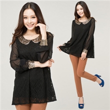 加大码女装胖mm2013新品复古亮片蕾丝拼接修身长袖雪纺衫衬衫裙