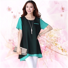 加大码女装胖mm春夏装2013新款显瘦雪纺衫时尚撞色宽松假两件t恤