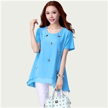爆款加大码女装夏季短袖雪纺衫时尚钉钻假两件宽松胖MM显瘦肥t恤