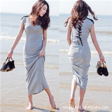 新品韩版休闲磨毛棉露背性感背后绑带连衣裙直筒修身长裙一件代发