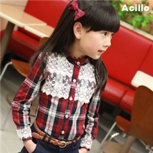 阿兹咯咯春季童装批发厂家爆款品味英伦格子蕾丝女童衬衣/开衫