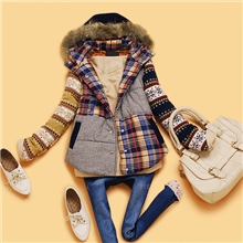 2012冬装新款韩国版学院风复古针织格子拼接款连帽棉衣个性外套女