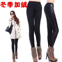 2013冬季加厚加绒打底裤不倒绒两侧拼皮仿皮裤义乌厂家保暖裤批发