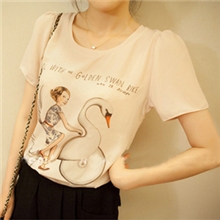 2013韩版新品美丽女孩t恤天鹅女孩印花雪纺上衣女装T恤女t恤