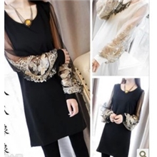 2013秋装新款韩版甜美刺绣网纱长袖拼接气质连衣裙