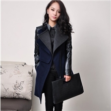 2013秋冬装新款韩版拼皮袖羊绒呢大衣显瘦长款拼色毛呢外套女