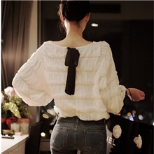 2013秋装韩国代购同款后背蝴蝶结系带泡泡袖圆领长袖T恤女