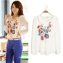 T0300厂家直销爆款货源2013秋装韩版女装大码长袖宝石印花雪纺衫