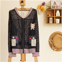 森女系小清新caycassin圆领长袖镂空蕾丝连拉链小熊贴补开衫外套