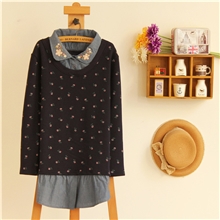 外贸女装wordfrom假两件牛仔拼接复古刺绣花翻领暖倍儿卫衣绒衫