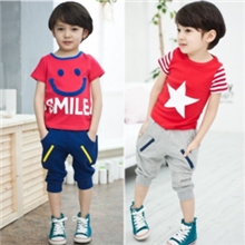 青岛原产地最新韩版夏款儿童五星笑脸纯棉毛圈（裤）短袖T恤套装