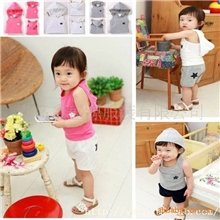 青岛产地童装青岛厂家五星短裤套装。韩版童装，套装背心套装