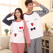 批发条纹混色睡衣调皮笑脸家居服长袖男女情侣厂家直销HNW032