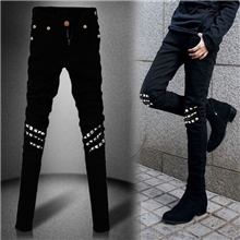 【1118大促】牛仔裤男膝盖铆钉小脚裤子修身韩版时尚潮弹力男装