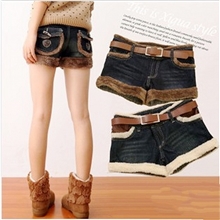 新款韩版秋冬季羊羔毛边牛仔大码宽松毛呢靴裤牛角扣潮两色短裤