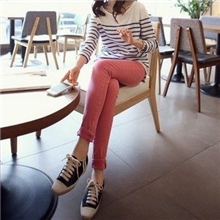 韩国正品原单牛仔甜美心型女式牛仔糖果粉色显瘦小脚铅笔牛仔裤