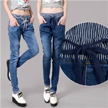 秋冬款韩版女士哈伦牛仔裤潮宽松大码松紧腰显瘦翻边小脚铅笔裤