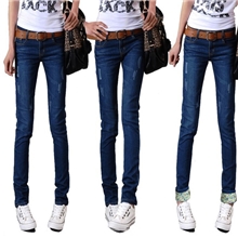 新款女式牛仔裤韩版铅笔裤翻边贴布两种穿法小脚裤弹力修身裤