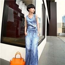 2013新夏装收腰显瘦无袖包臀开叉牛仔裙冰丝天丝长裙长款连衣裙