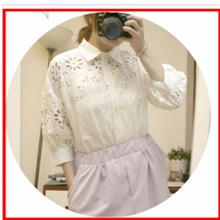 韩国stylenanda复古唯美可爱萝莉镂空刺绣刻花灯笼袖衬衫女