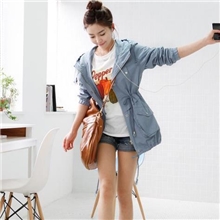 少女春秋新款连帽中长款学生工装休闲风衣宽松蓝色外套-9328