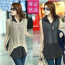 厂家秋季日系时尚镂空圆点雪纺衫长袖宽松两件套针织毛衣罩衫批发