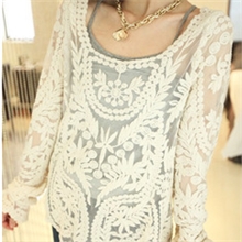 韩feellacelacel森系钩花蕾丝镂空长袖套头罩衫TEE