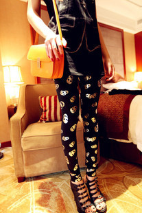 批发韩国进口烫银笑脸骷髅九分打底裤9232