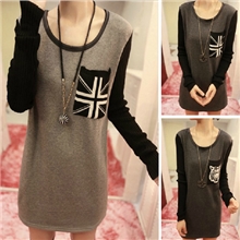 韩版女装2013秋装新款米字旗老虎头口袋加绒长袖T恤打底衫A292