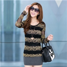 2013秋季新款大码女装韩版修身显瘦金丝条纹网纱圆领打底衫薄款