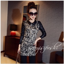 2013新款古典凤尾印花拼皮小翻领修身加厚打底