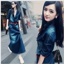 2013秋装新款复古牛仔收腰显瘦水洗长袖牛仔连衣裙子长裙