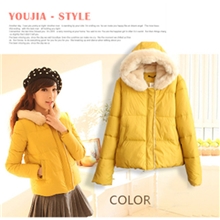 优质厂家女式新款短款羽绒服兔毛领帽子蕾丝边门襟女式羽绒服