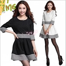 2013秋季韩版新款女装拼接千鸟格印花时尚收腰连衣裙