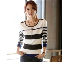 秋装新款针织衫韩版修身条纹肩章圆领套头打底衫女式毛衣针织衫