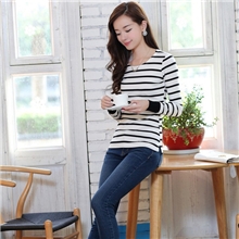 2013秋装新款女装韩版淑女条纹修身大码圆领长袖打底T恤衫