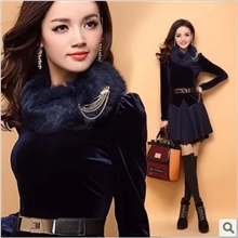 2013韩版女装兔毛翻领拼接丝绒修身显瘦长袖打底毛呢秋冬连衣裙