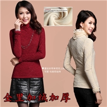 秋冬新款蕾丝加绒加厚打底衫高领长袖蕾丝打底衫女冬