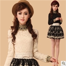 2013秋冬款韩版修身宫廷复古立领宝石长袖蕾丝打底衫加绒上衣