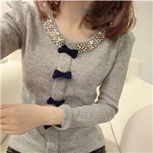 订珠领蝴蝶结泡袖衫毛线针织套头衫上衣3色入