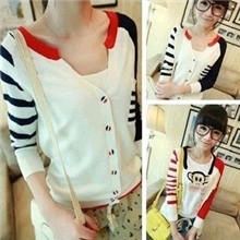 （现货）2013秋装新款韩版V领拼接撞色英伦条纹针织开衫