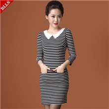 2013秋冬新款,甜美公主娃娃领修身条纹包臀纯棉七分袖打底连衣裙