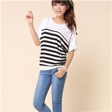 海军风韩版宽松圆领蝙蝠袖条纹T恤女装短袖T恤