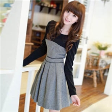 09162女装一件代发免费代理加盟秋冬黑白格毛呢拼接长袖连衣裙